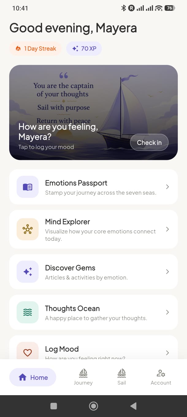 Serene Tide home screen — Good evening, Mayera